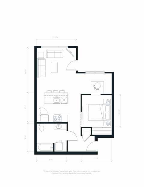 Floor plan for 1 bed, 1 bath, 842 sqft